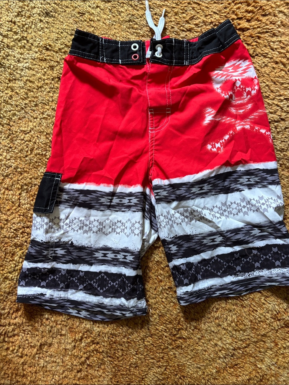 Red and Black Patterned boys Swim Shorts